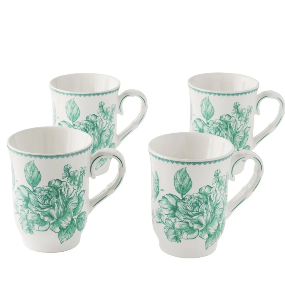 ❤️ New Pioneer Woman Agatha Floral Green and White Mug 4 Piece Set